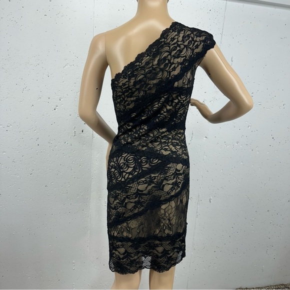 Bebe Women’s size Small Black One Shoulder Lace Overlay Lined Dress - Picture 6 of 14